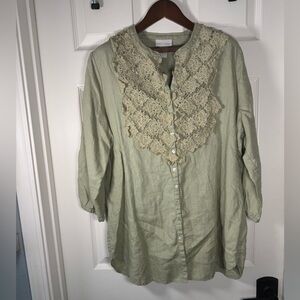 Soft Surroundings Sage Green Linen Embroidered Peasant Blouse Size X-Large